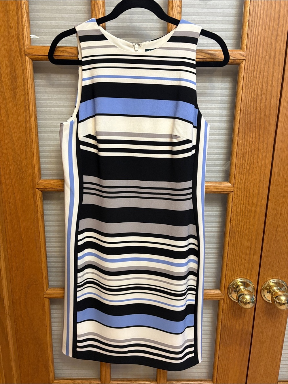 EUC Ralph Lauren Sleeveless Striped Midi Dress in Black, White & Light Blue